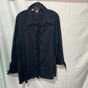 Edward Woman 1x black cotton spandex blouse long sleeve euc ruffled placket